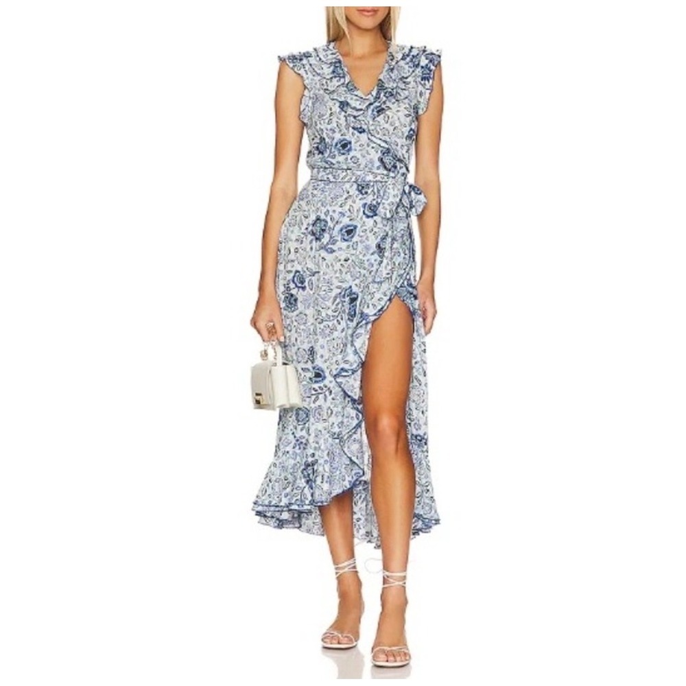Poupette St Barth Aude V Midi Wrap Dress Blue White Tropical Ruffle XS